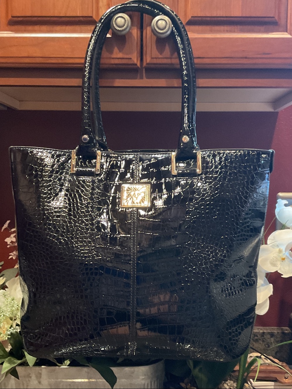 Patent Croc-Embossed Tote Bag in Black
